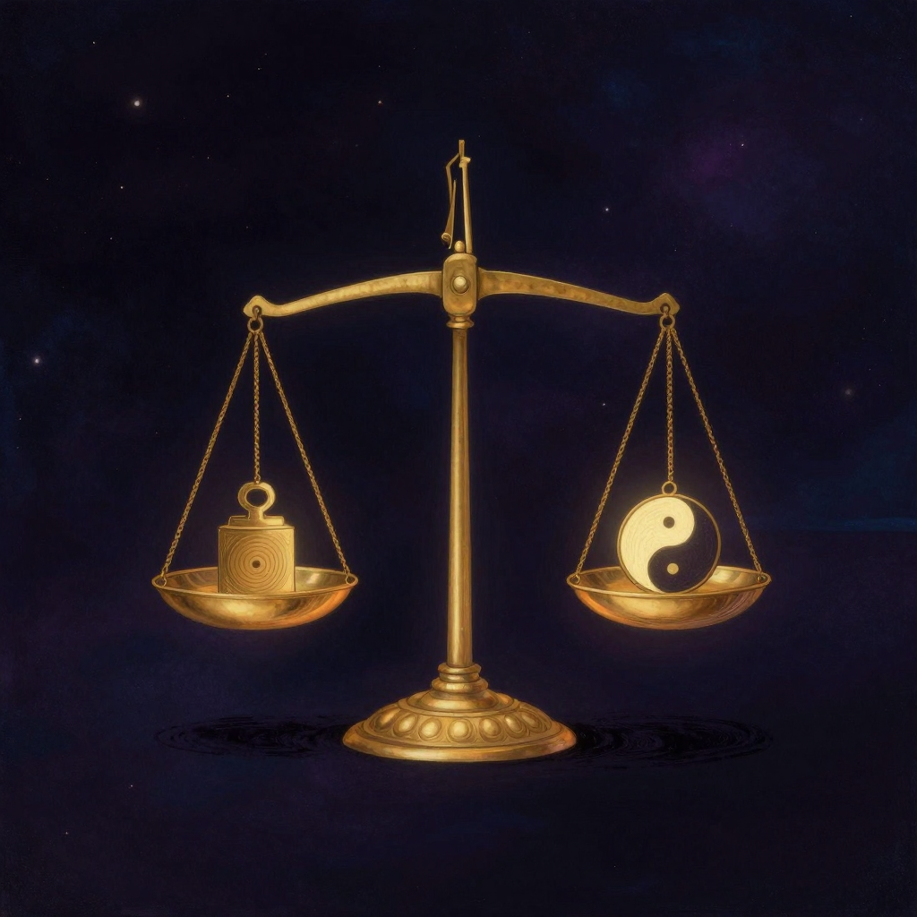 后验概率：一座老式黄铜天平立于空旷中，左侧托盘上悬着一枚刻有纹路的旧砝码，右侧托盘上悬着另一枚形态略异的砝码，中央指针微微偏转指向