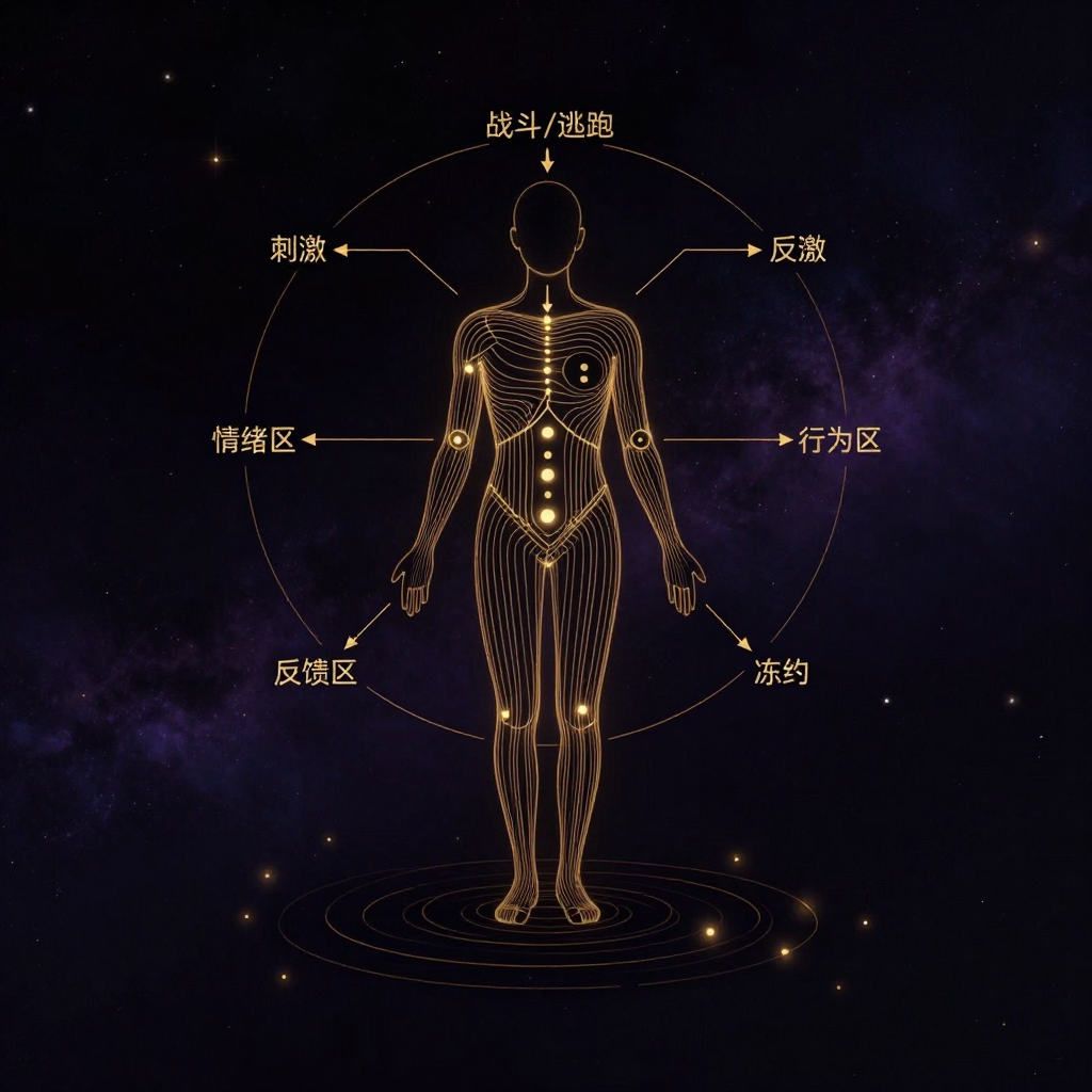 身心反应模式：一幅简洁的人体剪影立于画面中央，内部以神经回路箭头形成闭环，箭头从‘刺激’起始，依次经过身体反应区、情绪区、行为区、反馈