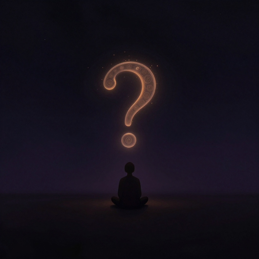 自我探究法：一人静坐于空旷中，面前悬浮一个半透明问号，问号的轮廓边缘正化为细微光点向四周飘散，四周归于空无一物，大片留白