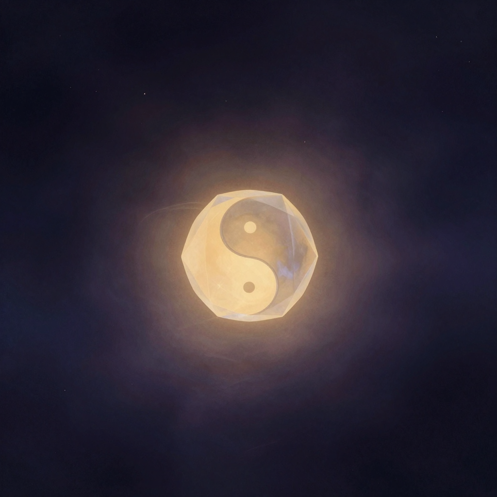 概念形成：一片散漫的浅色光雾悬浮于中央，雾中隐约透出一个正缓慢凝实的透明多面体轮廓，棱角渐次分明，边缘从柔润变得锐利，画面余处皆沉