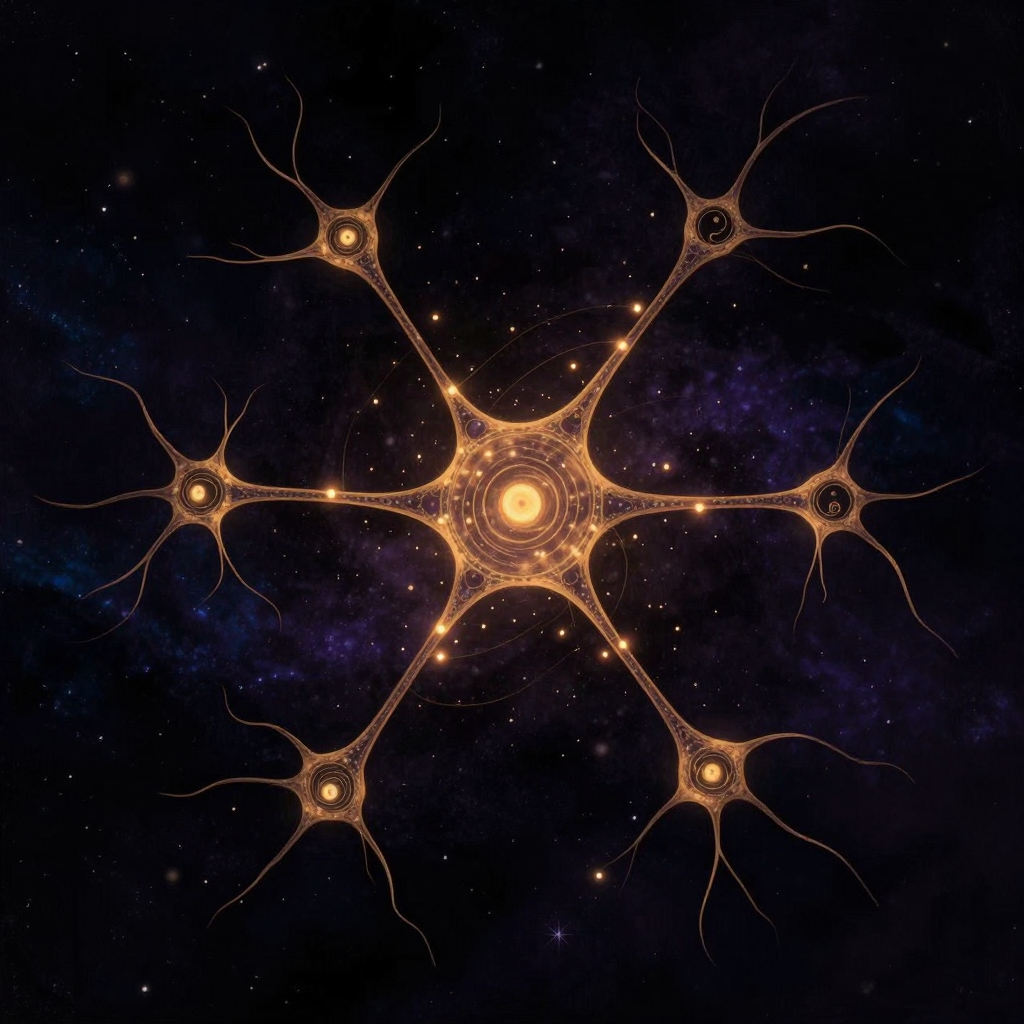 神经连接：一片暗色空间中，数个星形神经元细胞体以细小的突触间隙相连，构成复杂交织的立体网络；沿轴突传递的脉冲信号如闪烁微光在节点间
