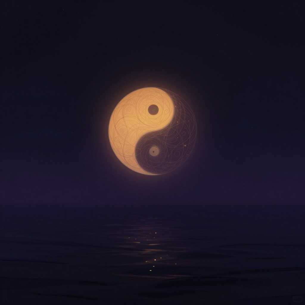 未分化：一个不完整的混沌圆悬浮于空旷中，圆内无阴阳鱼、无分割，边缘柔和模糊；圆内隐约有婴儿蜷缩的剪影，与圆体轮廓交融、无明确边界