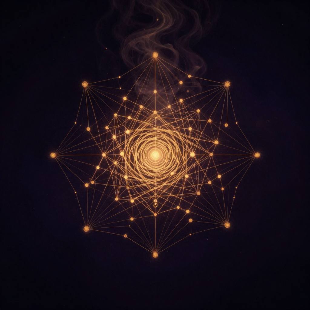 计算社会科学：一幅由无数细节点与有向连线构成的网络图悬浮于空，节点疏密不均，部分节点略大，连线粗细与方向各异，图之上方有一层似从数据中