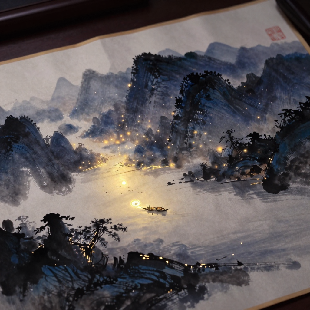 中国：一幅半展的古老水墨山水画横陈于案，远处群山隐入雾霭，一叶扁舟浮于空阔江面，飞鸟没入留白之中，画角一枚朱红印章，四周余处沉