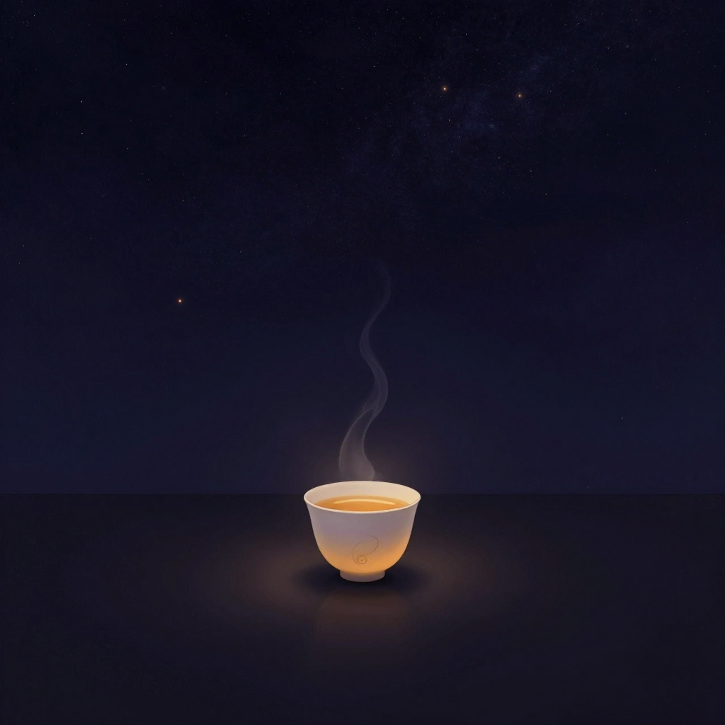感官清明：一只素白瓷杯立于空旷台面，茶汤澄澈透亮，一缕细直如丝的水汽从杯口静静升腾，四周大片留白，无余人迹
