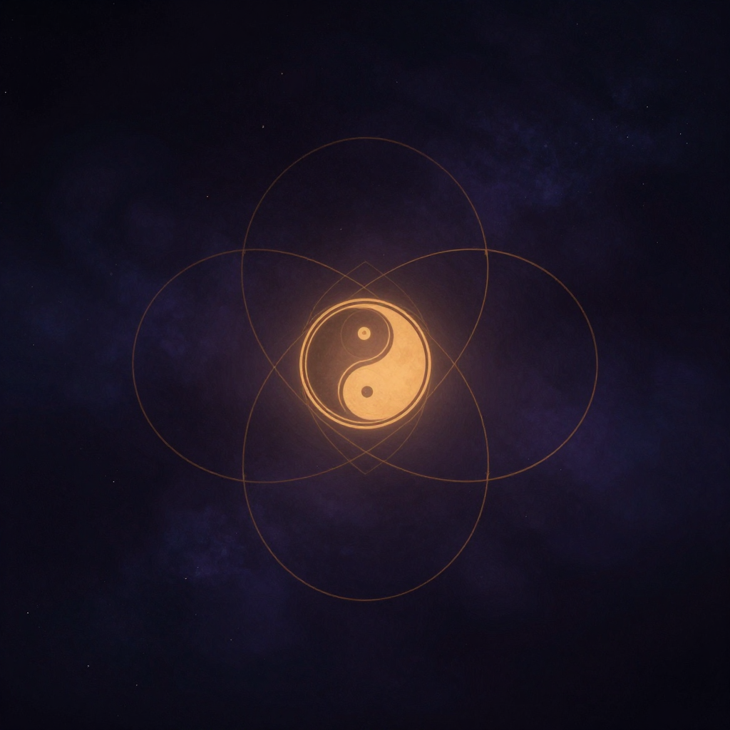 舒茨：三个匀称的圆环彼此交叠于画面中央，形成一处三角交汇区，圆环线条清晰分明，各自延伸至空旷深处，交汇处是画面唯一的微细焦点