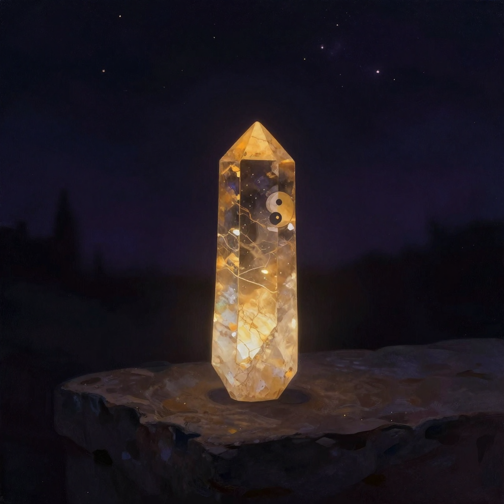 水晶：一枚天然透明石英晶体（六棱柱尖端、表面有天然生长纹）立于粗糙石台之上，晶体内部可见细微光泽与天然纹理，周围大片空旷，晶体