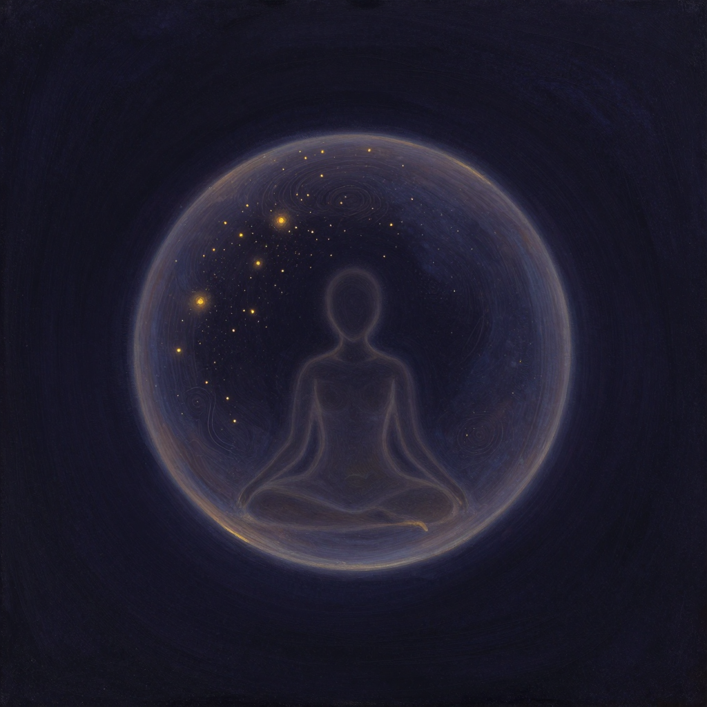 人际边界：一个柔和半透明的弹性球体悬浮于空旷之中，球体表面分布着微小的孔洞，一些细小的光点从外渗入，一些较大的颗粒被挡在表面之外；