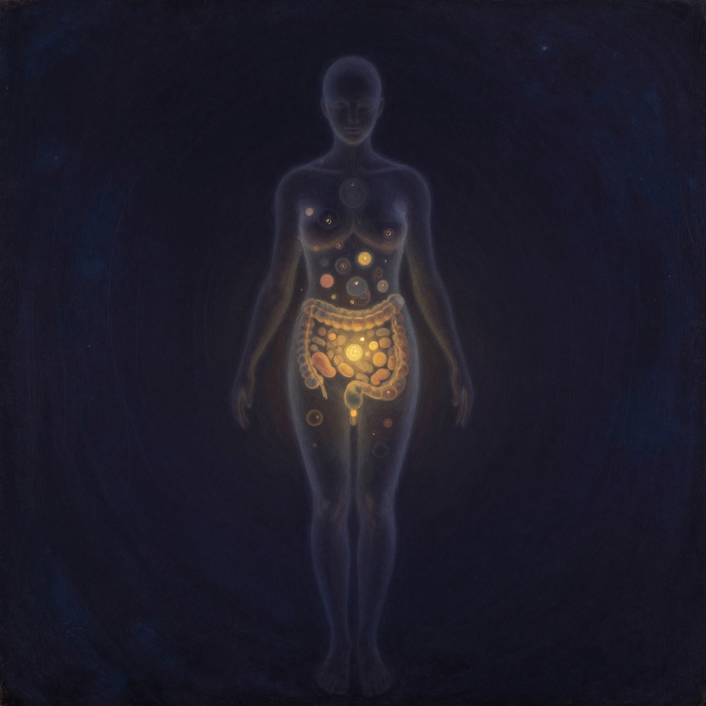微生物群系：一个透明的人体轮廓静立于空阔之中，内部散布着大小不一、形态各异的彩色圆形与椭圆形微生物，散布于肠道、口腔与皮肤各处，彼此