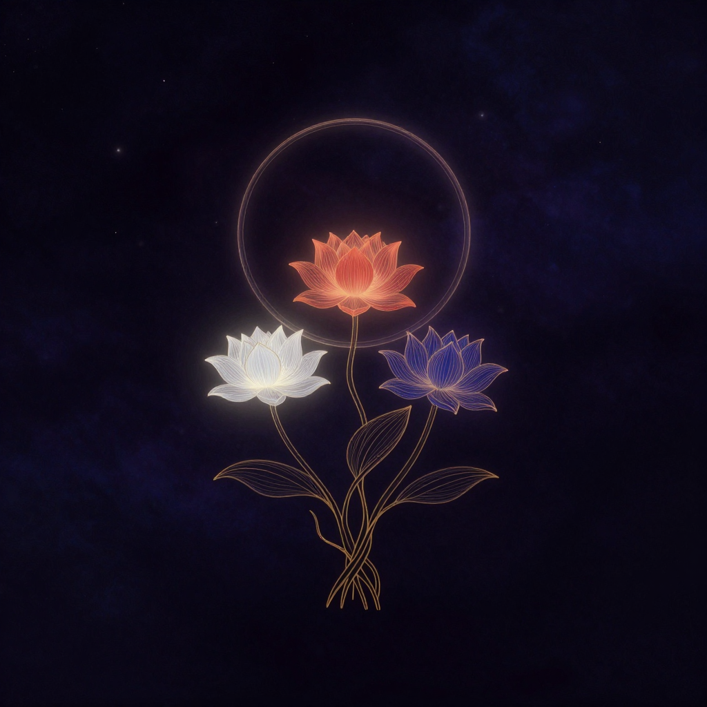 三主要道：三支莲花（白、红、蓝）自同一根脉缠绕而上，根部相连，花茎交织，中央虚空处悬浮着一个透明的空性圆环，圆环无轮廓、仅以极细的
