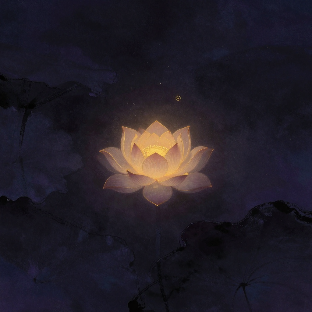 象征法则：一朵莲花从闭合到绽放的过渡状态，花瓣层叠清晰，悬浮于大片深色虚空之中，中心含一枚微弱光点，四周余无一物