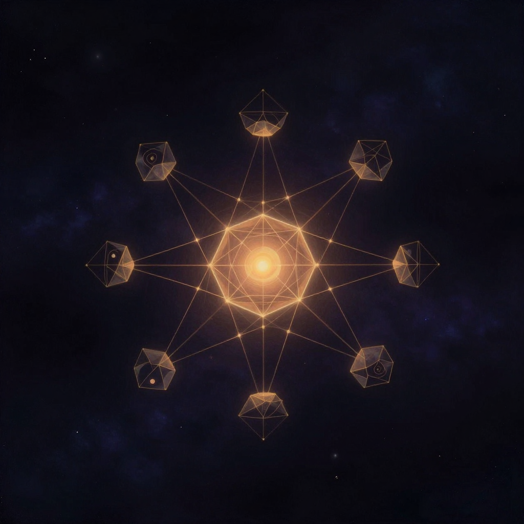 结构分析：多个半透明多面体块以不同角度嵌套交错，由细线相连形成立体网络，中心一个略大的核心块微微透出光晕，外围分支线条向四周延伸，