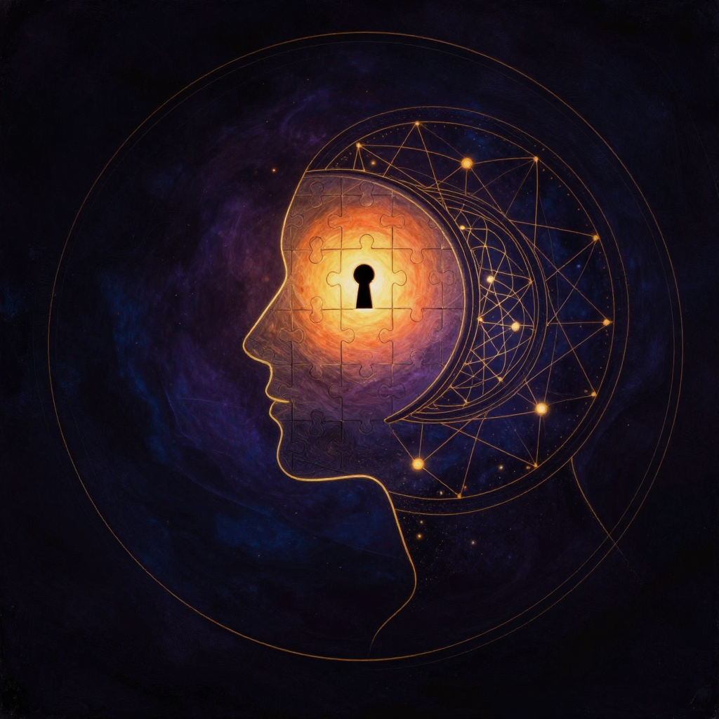 性格分析：一个由多块彩色拼图块拼成的人脸侧面轮廓，拼图块形状各异彼此嵌合，人脸眉心处留有一个小钥匙孔，轮廓置于大面积空旷中，钥匙孔