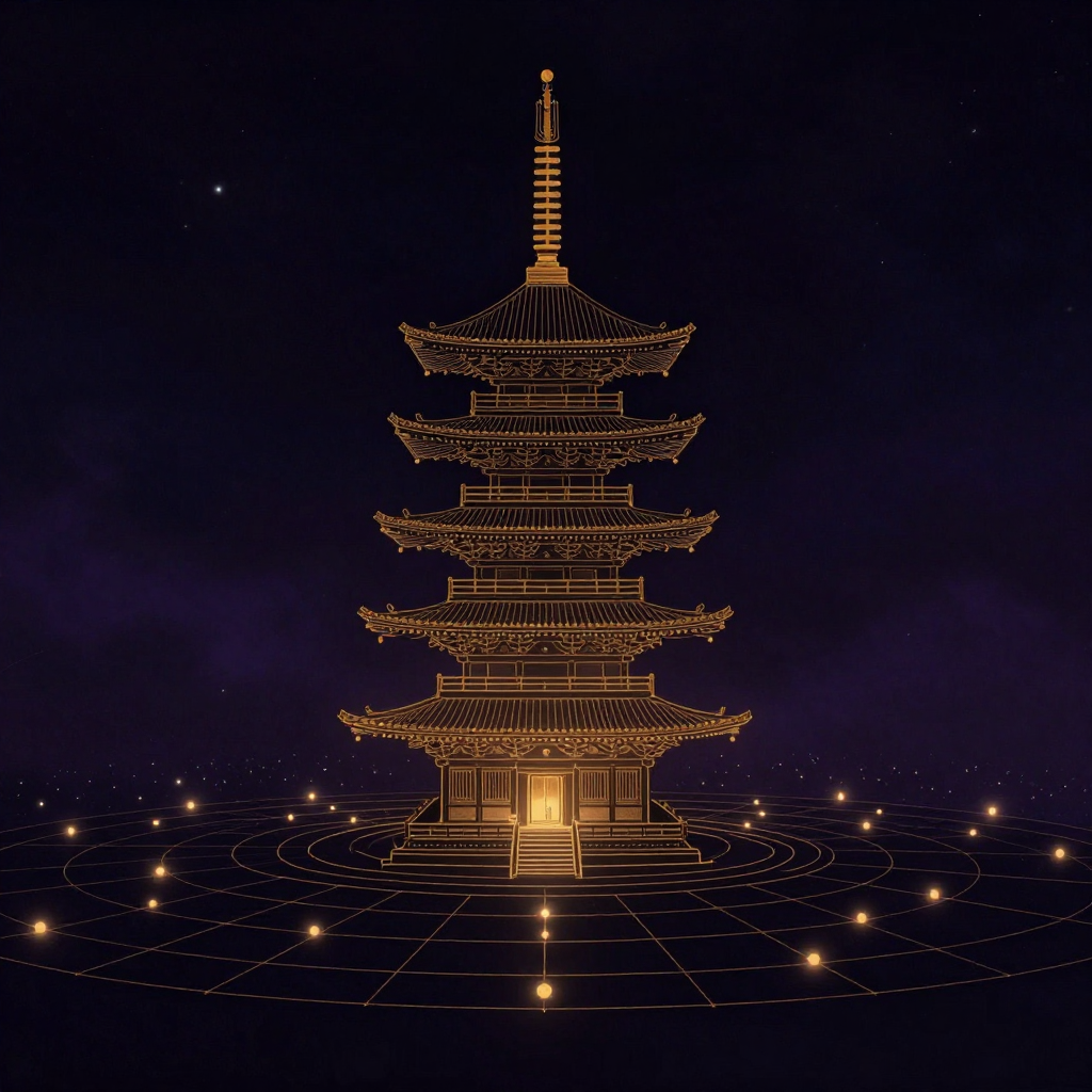 华严五教判：一座五重宝塔立于空旷之中，从下至上每层清晰分明，底层沉稳宽厚，顶层收束而精微，塔身轮廓简洁古朴，塔门处透出一缕极细微光，