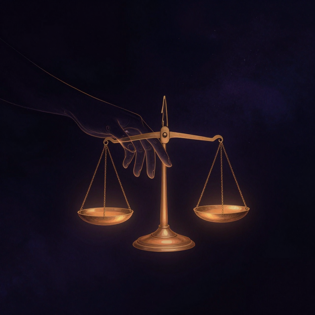 经济学：一只透明的轮廓手从空旷暗处伸出，指尖轻轻触碰一架老铜天平的一侧托盘，天平微微倾斜，另一侧托盘空悬，余处大片留白
