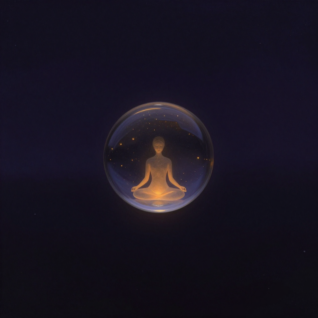 清醒认知：一枚完整的透明玻璃球悬浮于空旷深色中，球内一个冥想坐姿的人形轮廓，双目微闭，球面有一道柔和的细线反光，四周归于大片留白