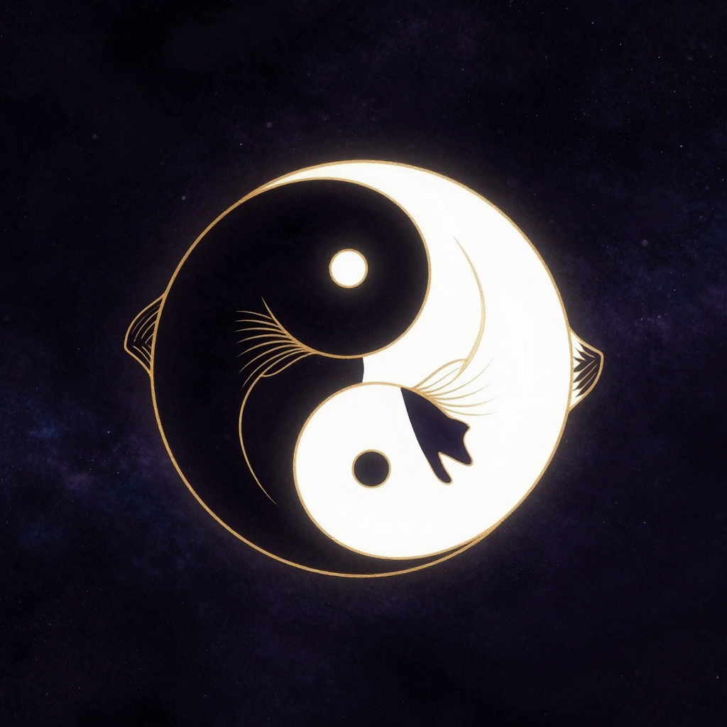 平衡之道：一个完整的圆形太极双鱼图置于空旷中，左黑右白，双鱼形态对称互抱，黑鱼有白眼、白鱼有黑眼，线条清晰流畅，四周大片留白，无任