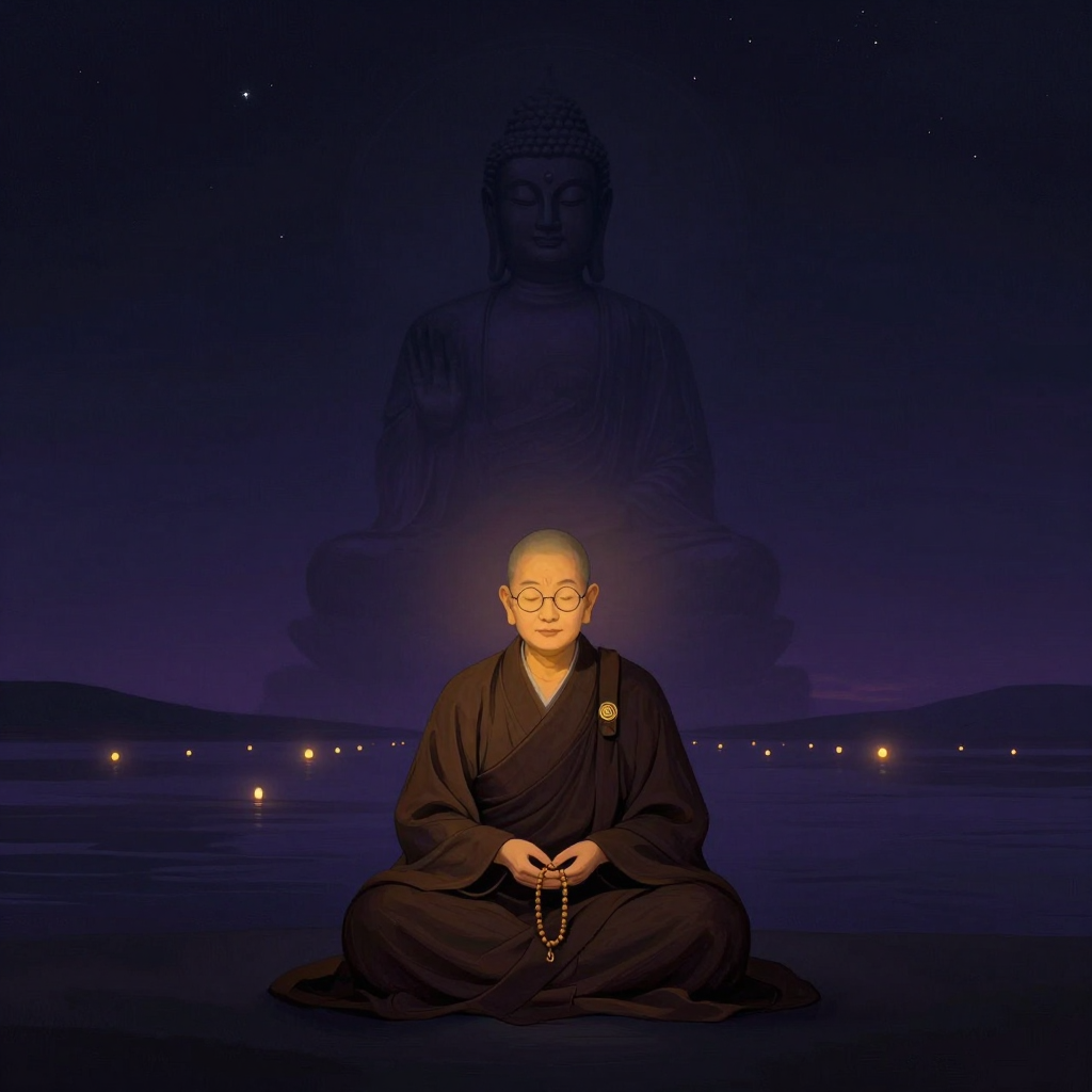 星云大师：一位身着深褐色僧袍的慈祥法师，圆脸戴圆框眼镜，双手于腹前轻捻一串念珠，安坐于大片空旷之中，身后隐约可见一座庄严大佛的轮廓