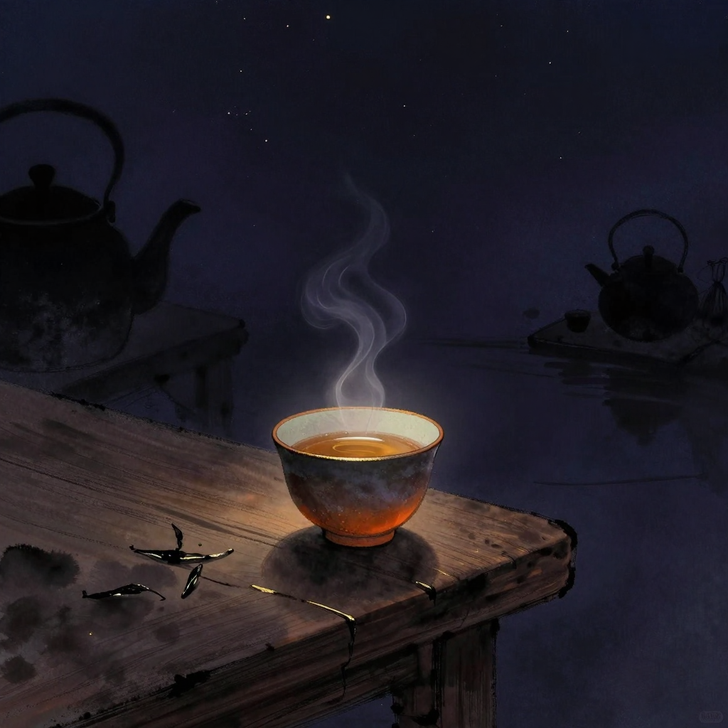 生活禅：一只粗陶茶杯置于木桌一角，杯沿有手工痕迹，茶水半满，一缕热气袅袅上升，杯沿处透出一缕极细微光；桌面散落几粒茶叶，背景隐约