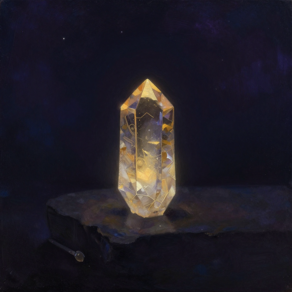 智慧结晶：一颗多面切割水晶静置于暗色石台上，内部有细微的规则纹路与一缕自内而外的柔和光晕，线条简洁分明，四周大片留白，水晶是画面唯