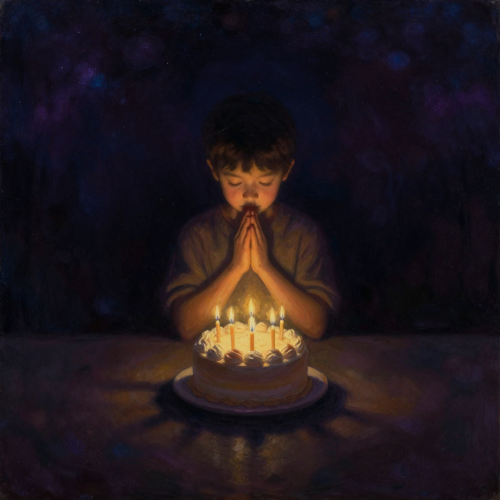 魔法思维：一个孩童双手合十、闭眼俯向生日蛋糕，蜡烛的微火在暗处勾勒出专注的轮廓，蛋糕与四周器物隐入大片空旷，烛光是画面唯一的微光来
