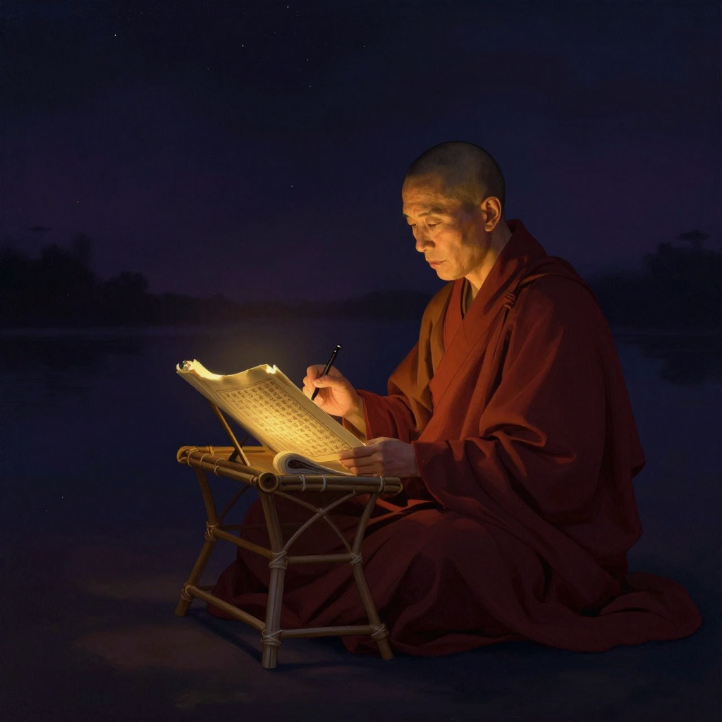 雷迪尊者：一位披赭红僧袍的老僧端坐于竹编经架前，左手轻托一册贝叶经，右手握一支钢笔，面容安详专注，经架上的经卷与四周的暗影融为一体
