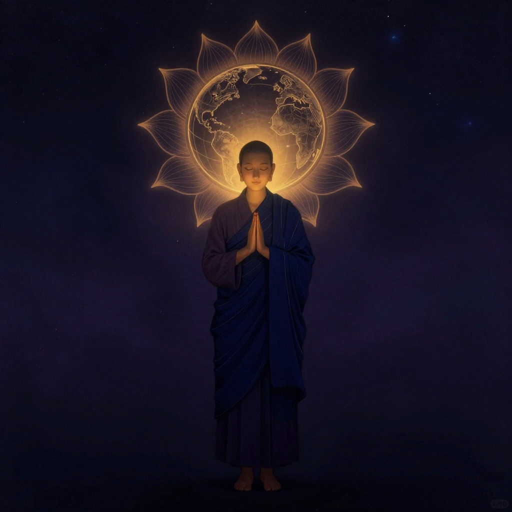 证严法师：一位身穿深蓝色缁衣的比丘尼立于空旷处，双手合十，面容慈祥平和，身后远处浮现一朵莲花托着地球的轮廓，莲花花瓣清晰，地球有隐