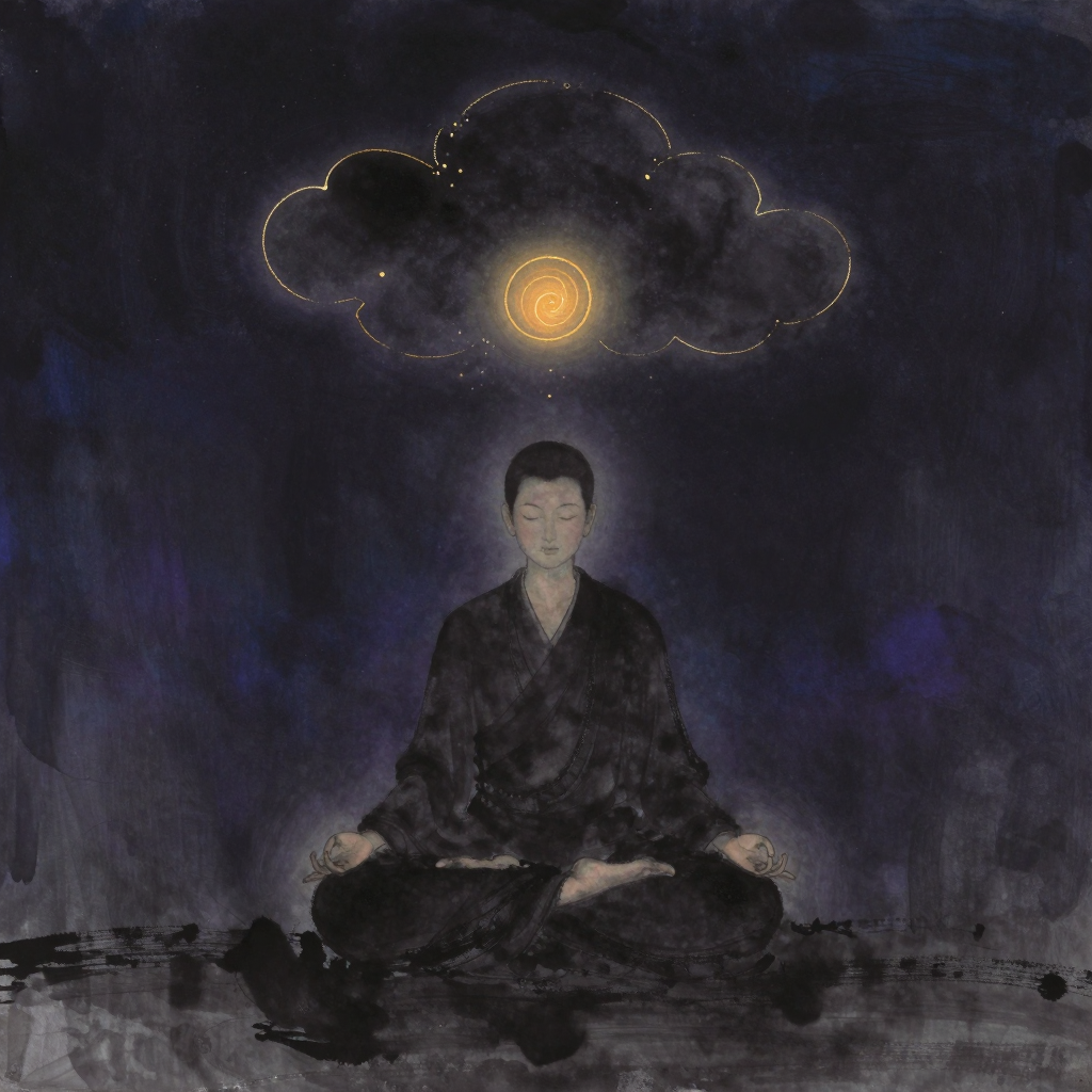 心念住：一人盘坐于空寂中，双手结禅定印，目光微垂，面容平静；头顶上方悬一朵轮廓轻淡的云，云内散布断续的小点与短虚线，云与人头之间