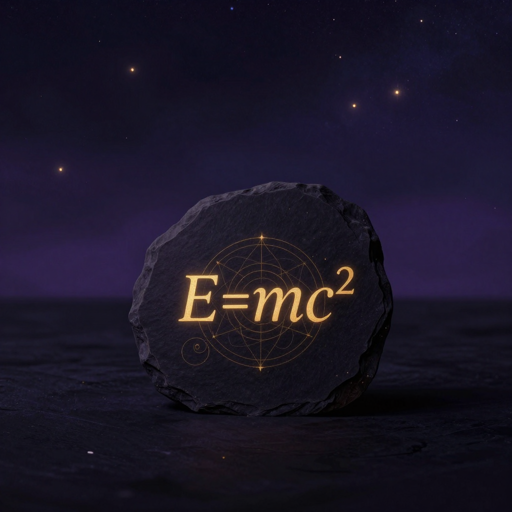 物理定律：一块深色石板静立于空旷之中，石板表面清晰地刻着E=mc²字样，字母线条干净简洁，石板边缘留有自然凿痕，四周大片留白，石板