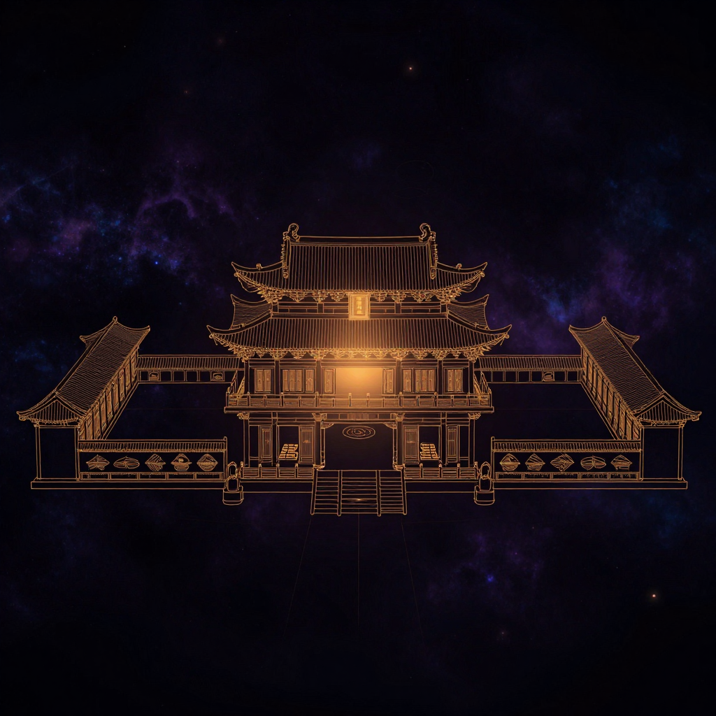 丛林制度：一幅中线对称的禅寺平面图展开于大片空处，山门至方丈室依次排列，两侧僧寮与斋堂对称分布，中央禅堂与方丈室以细线相连，禅堂内