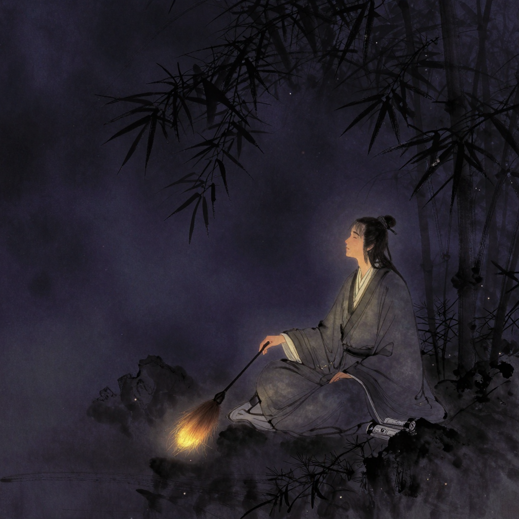 魏晋玄学：一位宽袍大袖的魏晋士人坐于竹下，手持麈尾，麈尾毛自然垂落，姿态清雅，身旁有松石与几卷书简，人物与竹林皆隐入大片空处，麈尾