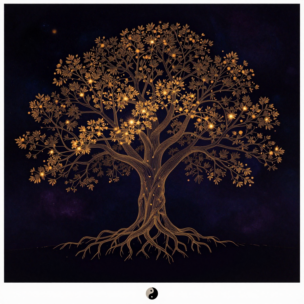 家族疾病倾向：一棵根系交错的老树，枝干分叉延伸，部分枝叶呈现相同的枯黄斑纹，病斑沿特定分支蔓延，树冠与根系间留有疏朗空处，树形结构清晰