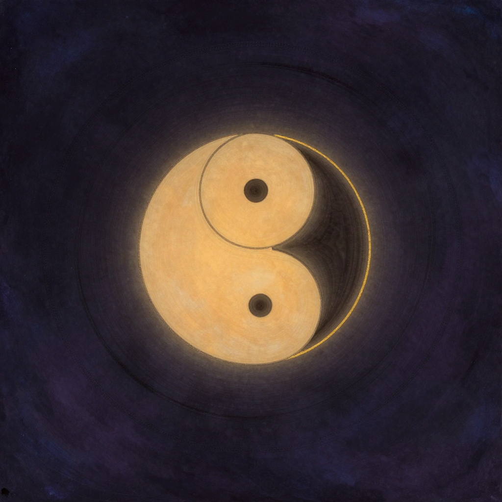 解决之道：一幅干净深色底上，一道墨笔挥就的ensō圆环，圆环留有一处豁口未闭合，环内与环外俱是空旷，无多余一物，圆环线条清晰有力、
