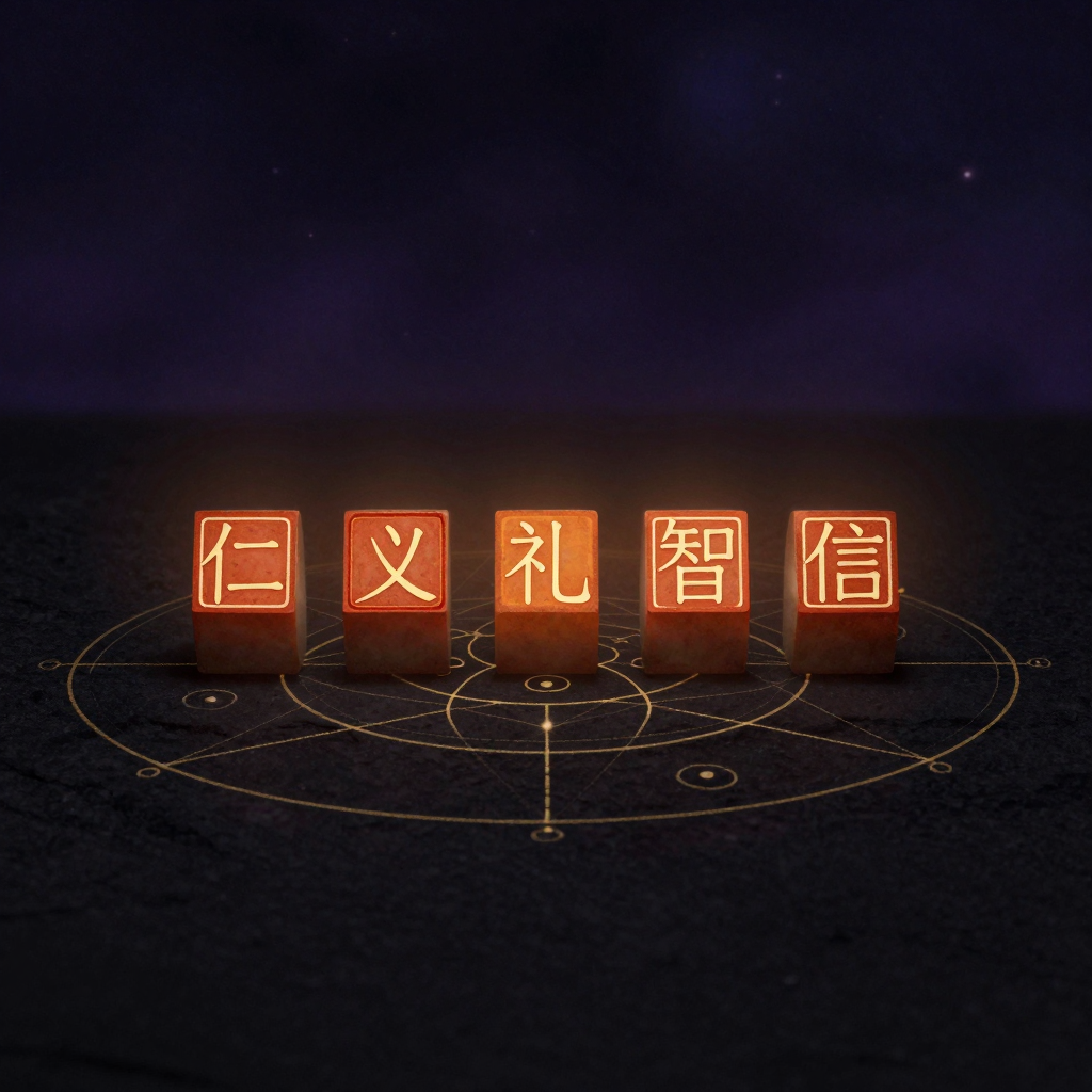 仁义礼智信：五枚方形篆书印章并列排开于空旷石面，印章朱红印文清晰可辨，自左至右依次为仁、义、礼、智、信，间距均等，印章本体深色朴素，