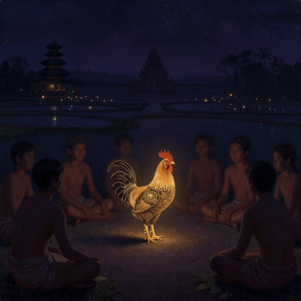地方性知识：一只雄鸡被精心装饰立于空地，脚爪系着尖刺，周围环形围坐着数位村民，目光凝聚于斗鸡，远景隐现巴厘庙宇与梯田轮廓，余处归于空