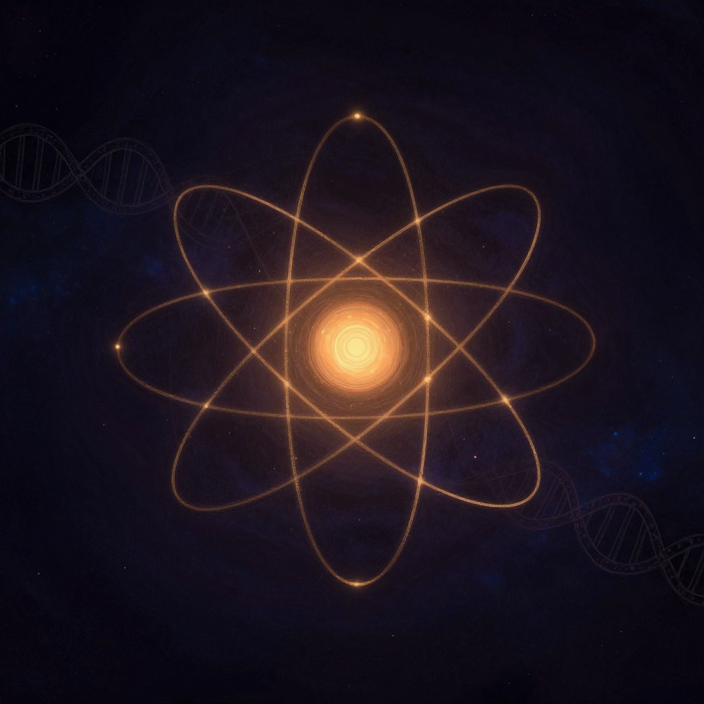 科学唯物主义：一个经典原子模型悬浮于空旷中，原子核位于中心，数条椭圆轨道环绕其外，轨道上点缀细小光点，远处隐约可见DNA双螺旋轮廓与分