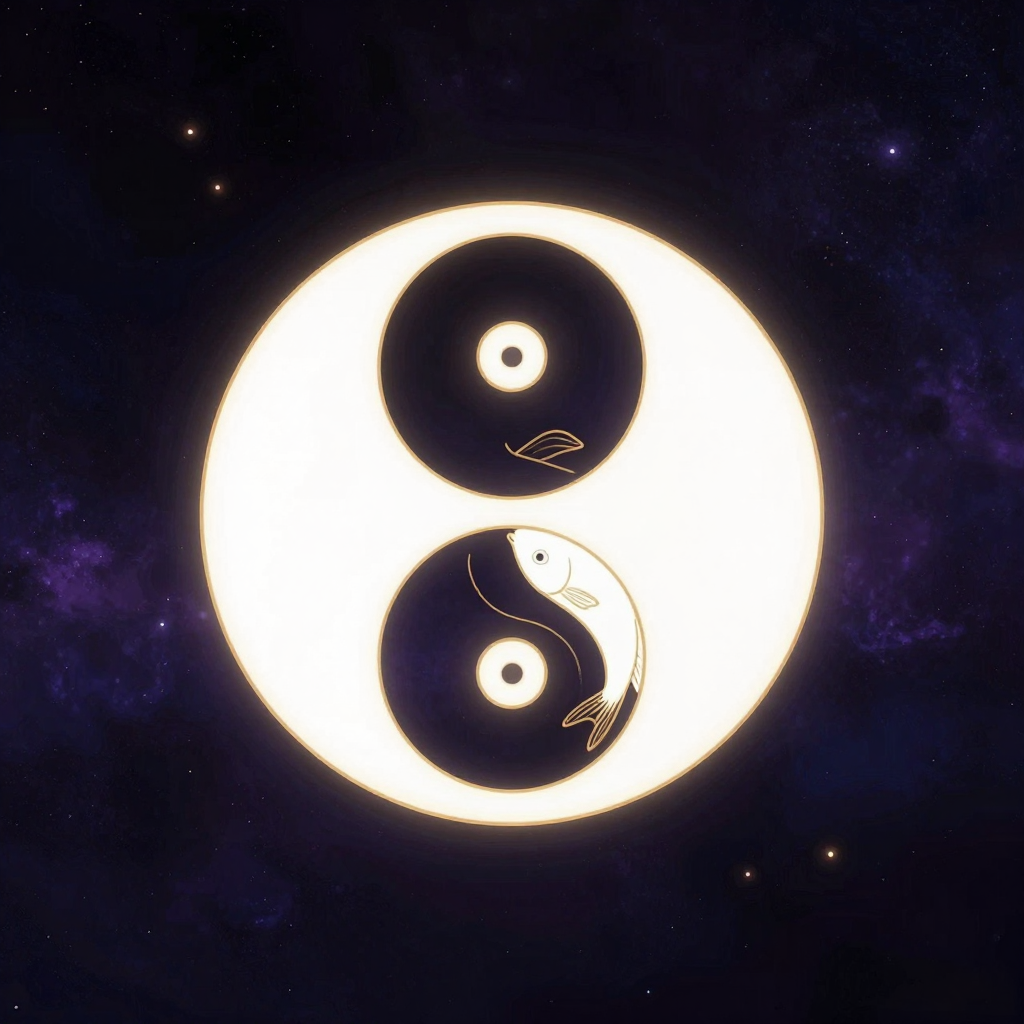 阴阳理论：一幅干净清晰的圆形太极图悬于大片空处，一黑一白两鱼首尾相衔、大小相等、方向相反，S形弧线贯通其中，黑鱼有白眼、白鱼有黑眼