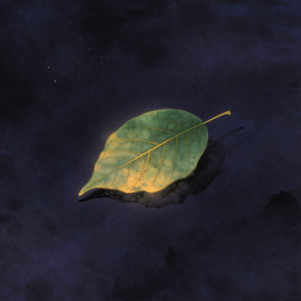 肝脏：一片舒展的绿色树叶悬浮于大片空处，叶形分瓣如肝叶，脉络清晰延伸，叶面微微起伏，背景隐约透出右肋下方的轮廓暗影，叶脉末端透
