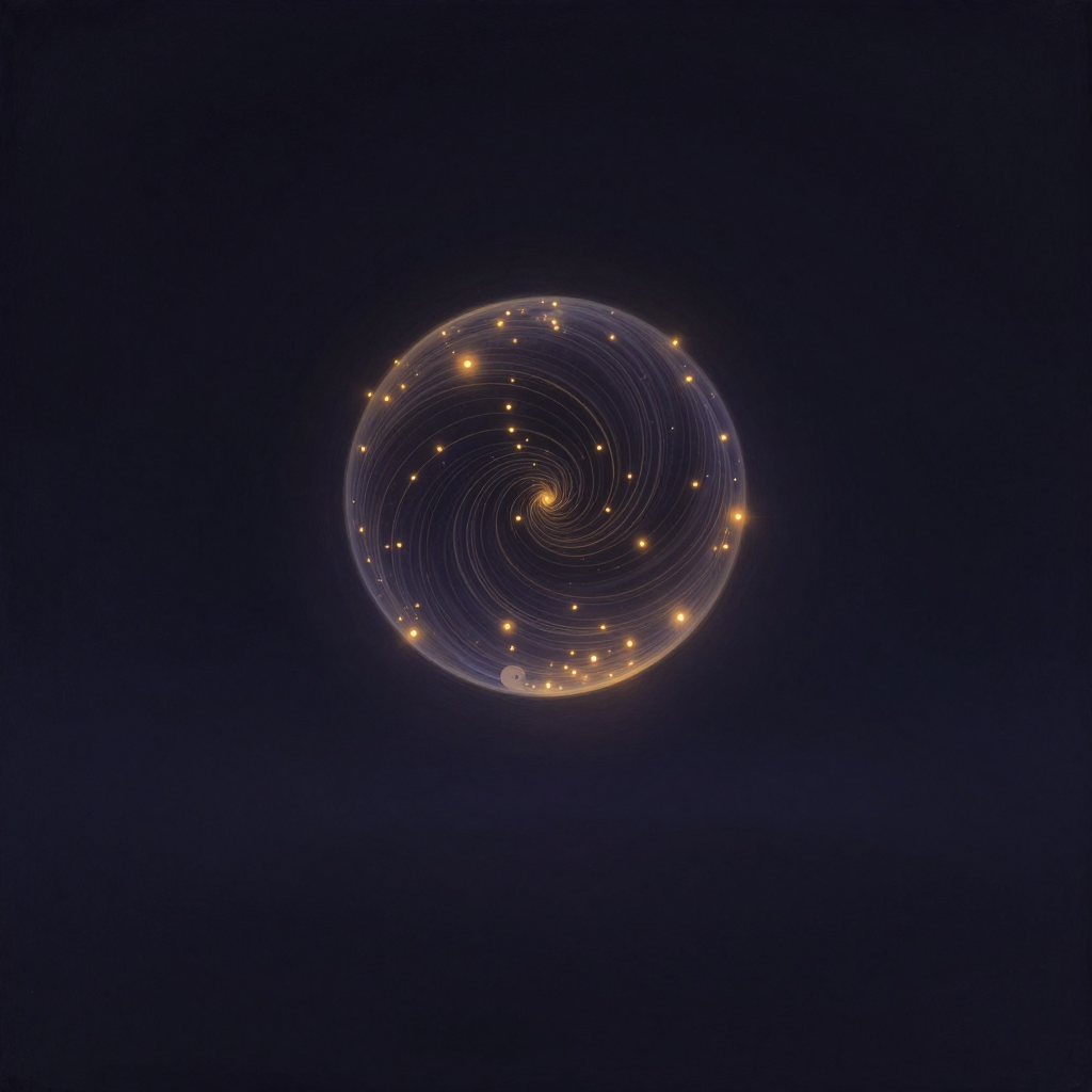 能量形态：一枚半透明的球体悬浮于空旷之中，球体内部有螺旋波纹与离散的几何光点交织，波纹如缓慢流动的烟缕，光点呈六边形与细线交织，球