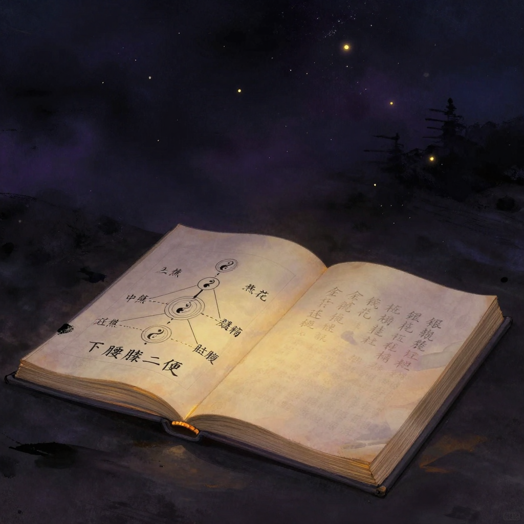 温病条辨：一部翻开的线装古书置于暗色书案，左页是手绘三焦分证示意图——上焦头面胸膈、中焦脘腹、下焦腰膝二便，以三条水平虚线分隔层次