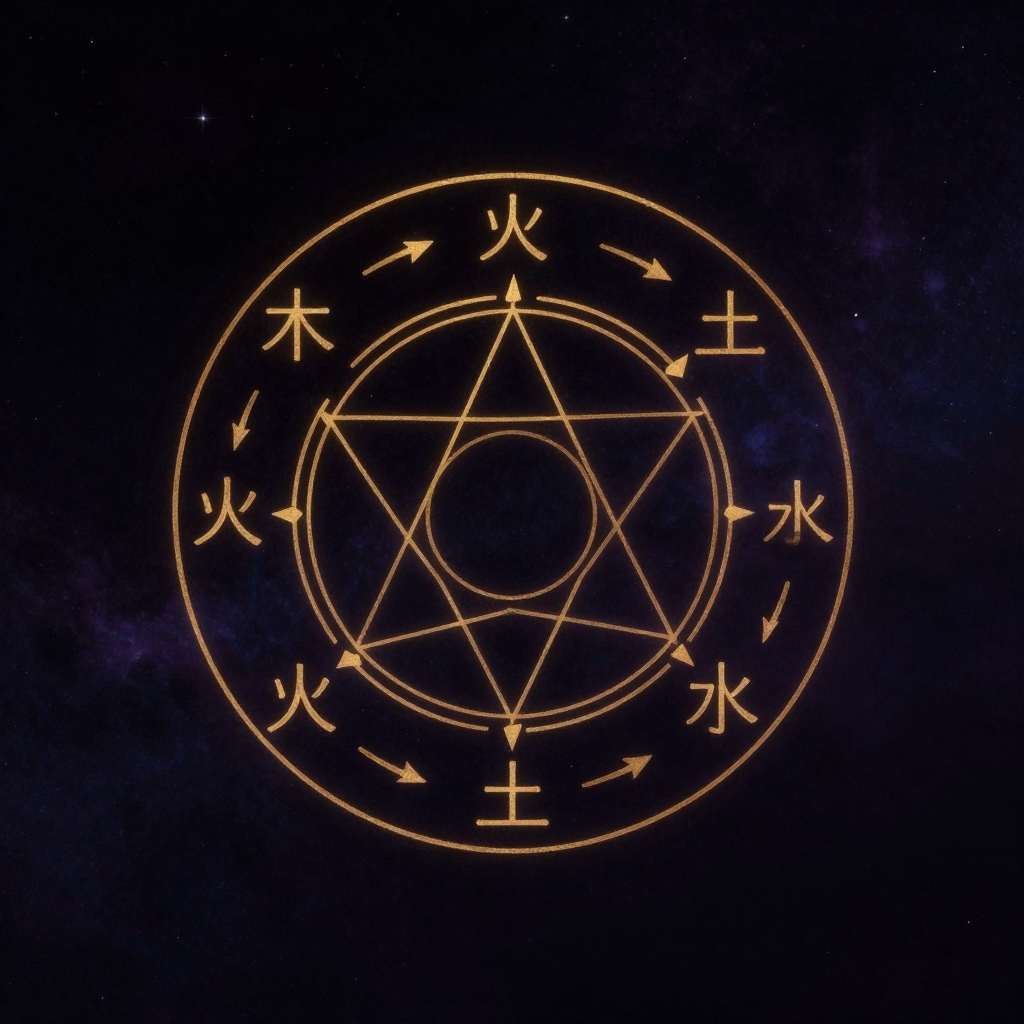邹衍：一幅古朴的五行生克循环图，木火土金水五字以圆环排列，相生箭头沿圆顺行，相克箭头在圆内交错成五角星，圆环中央留空，线条清晰