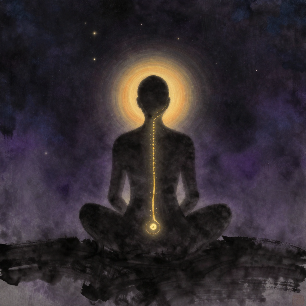 任脉：一个安详的盘坐背影，人体前正中线从会阴至下颌处浮现一条柔和虚线能量流线，流线微微发光，与后背的督脉虚线形成前后呼应，背景