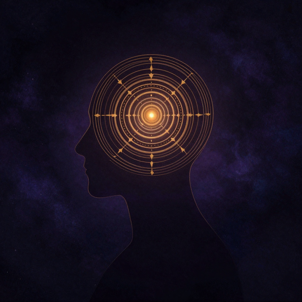 思维固着：一个侧面人头部的剪影轮廓，内部布满相互嵌套的封闭环形路径和重复转向的箭头回路，回路首尾相连形成锁定循环，整体置于大片空旷