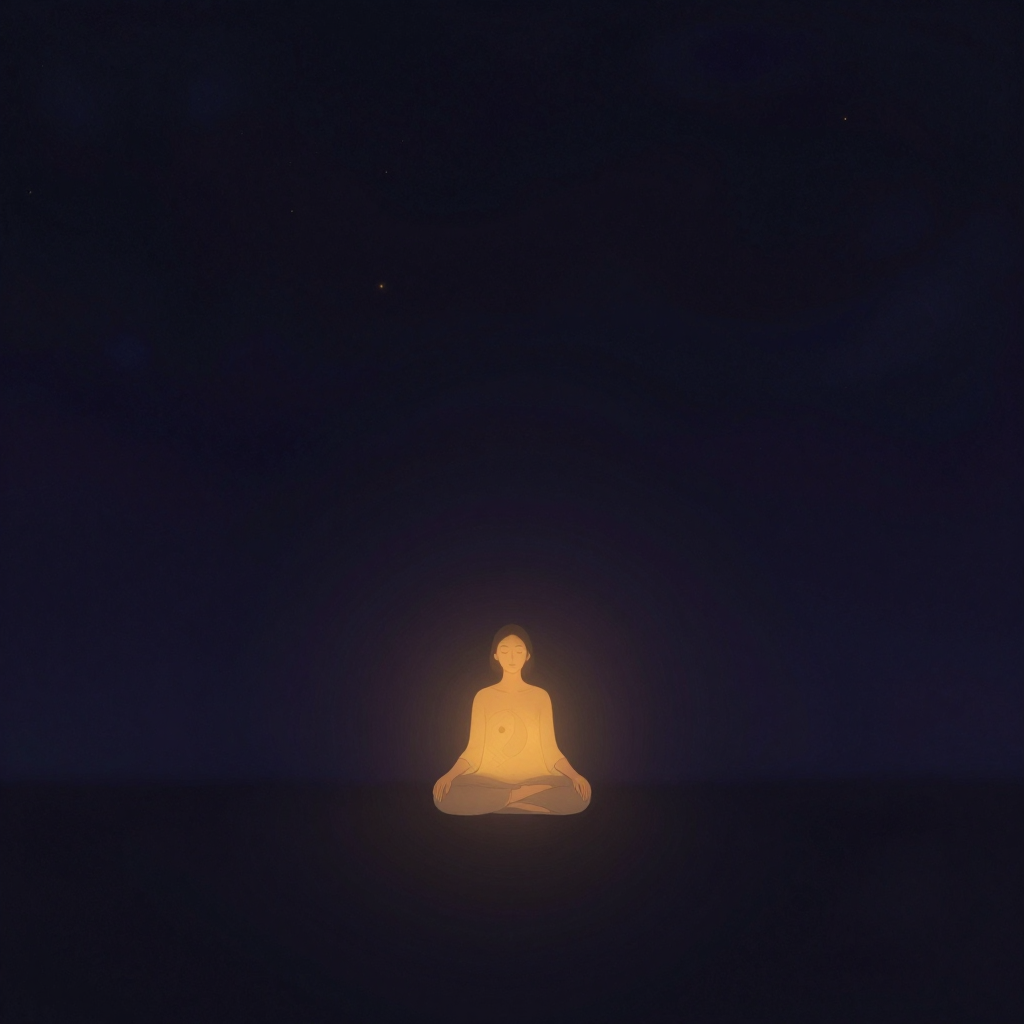 休息艺术：一人静坐于空旷处，双目轻阖，双手自然垂放膝上，姿态放松而端正，四周大片留白，柔和微光从人物深处如呼吸般缓缓扩散，背景空灵
