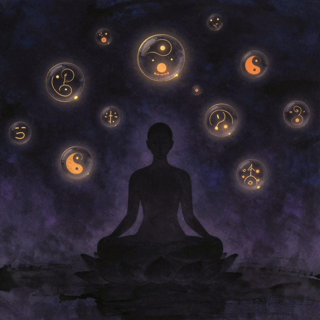 观察者立场：一个闭目静坐的人形轮廓端坐于莲花座上，双手自然垂放，周围悬浮着多个透明气泡，气泡内漂浮着情绪符号与词语碎片，气泡边缘清晰