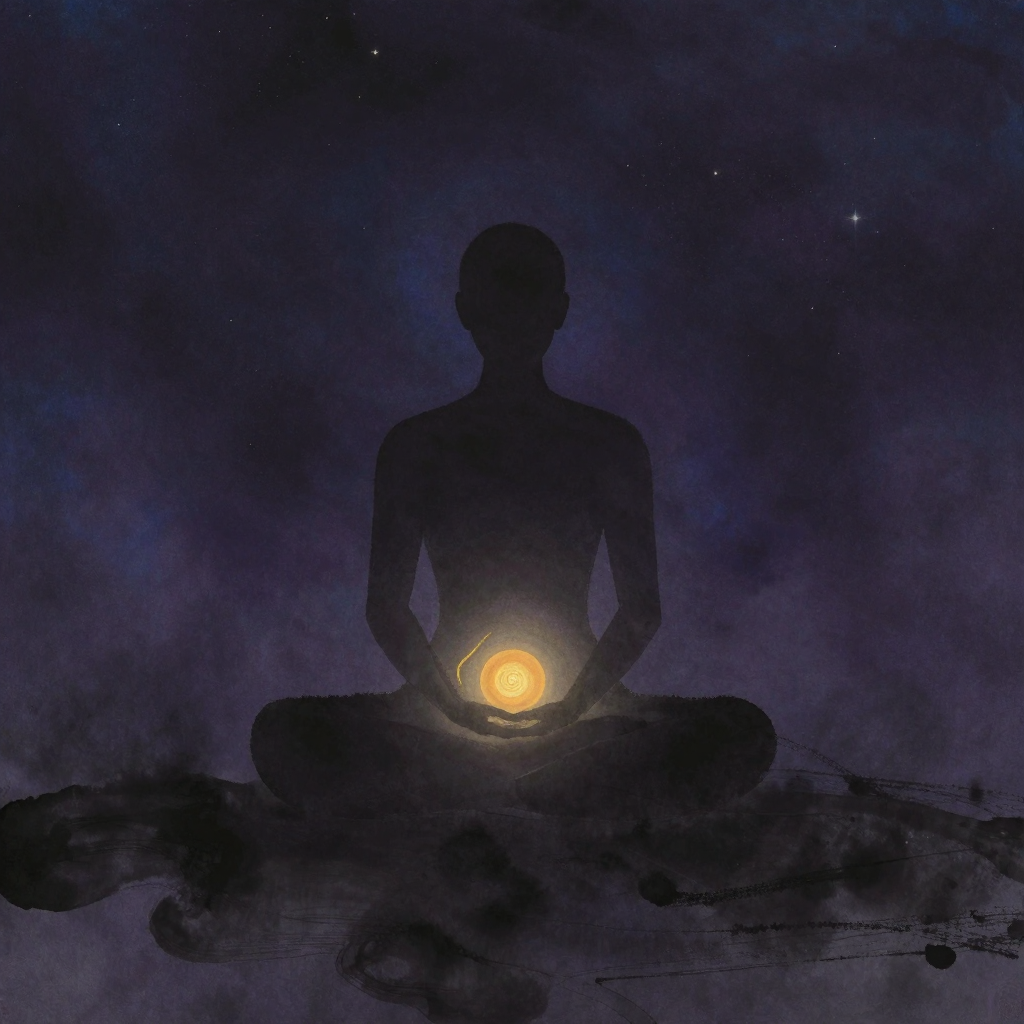 存神：一个盘坐的人体轮廓静置于空旷之中，下丹田处有一团柔和的光球，光球微微发亮、似有脉动，人体姿态安详，周围大片留白，光球是画