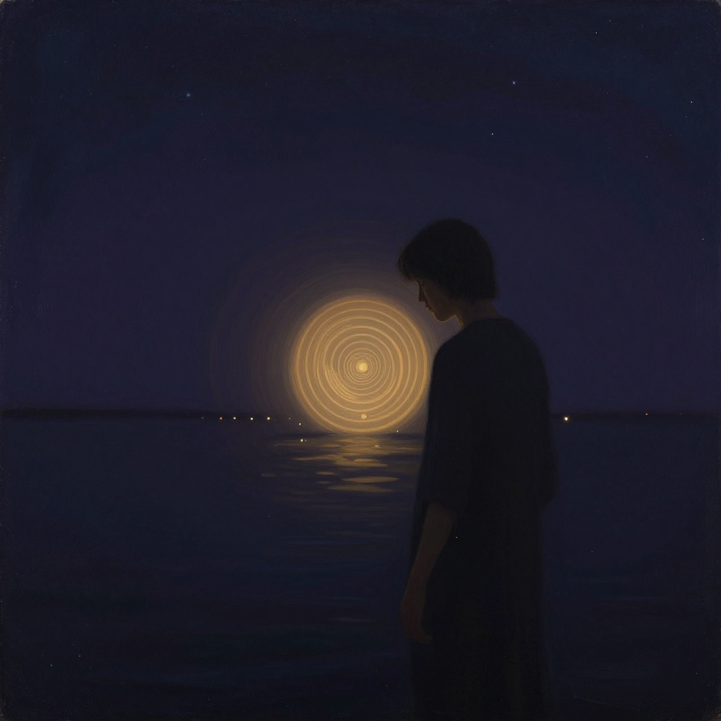 审美体验：一个人站在一幅画前，身体微微前倾，目光专注而柔和，画作隐约有层次但不必具体，人影与画幅之间留出静谧间距，四周环境隐入大片