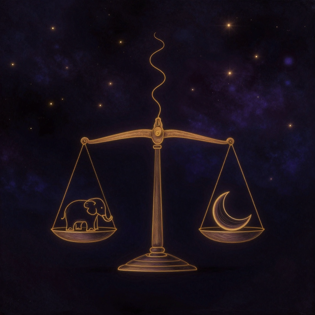 神经系统平衡：一座古铜天平横于空旷中，两端各悬一枚小象——左端立一道简洁闪电纹，右端卧一弯浅月纹，中间连一条从高处蜿蜒而下的细线，天平
