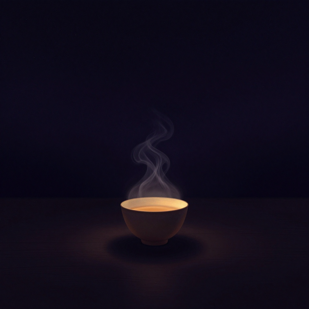 感官愉悦：一只朴素的陶茶碗置于桌面中央，袅袅蒸汽从茶汤表面升腾蜿蜒，碗沿有一线微光，四周器物隐入大片空处