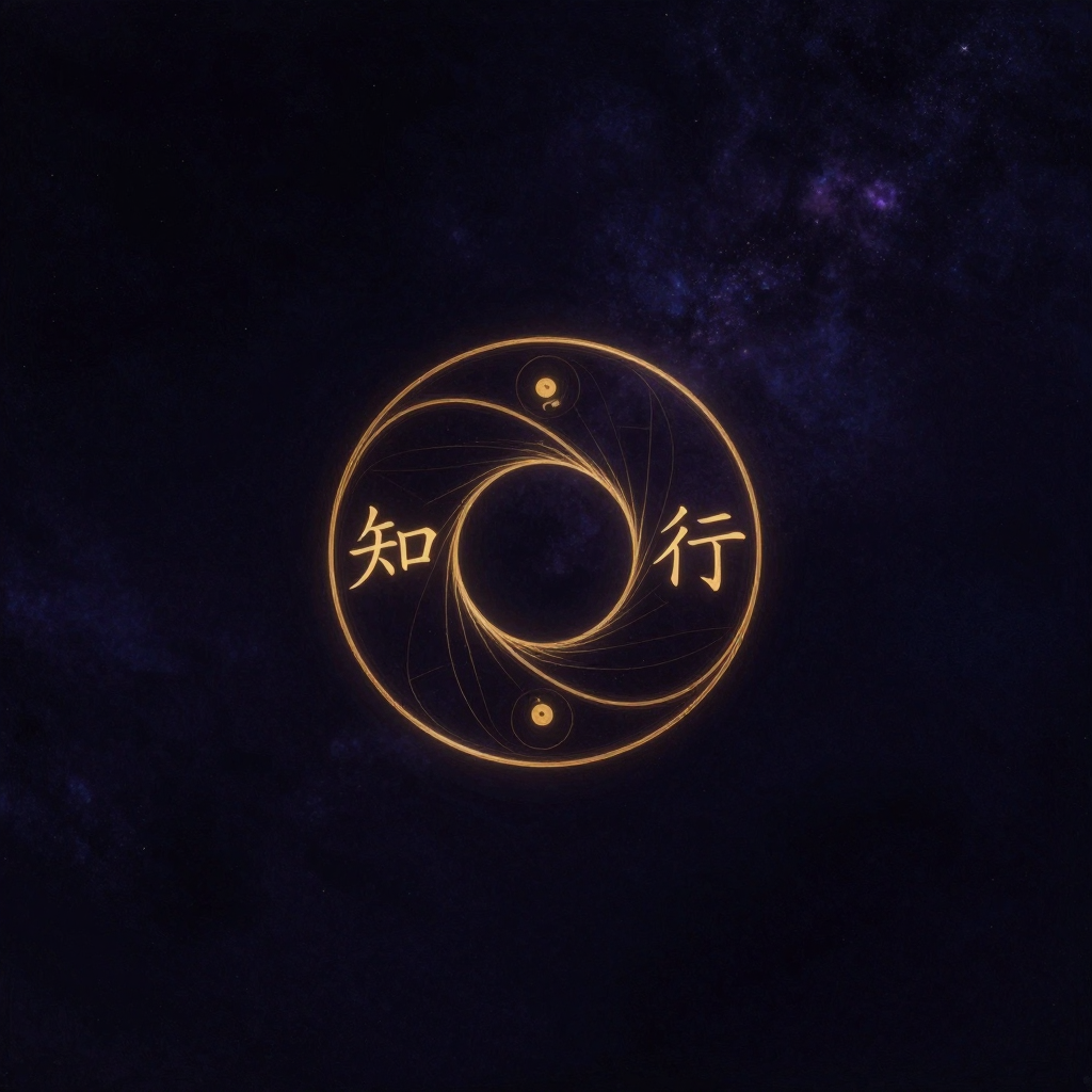 实践理论：一个清晰完整的莫比乌斯环悬于空旷之中，环体扭转连接，一侧写着“知”、另一侧写着“行”，二者通过扭转首尾相连，环的轮廓干净